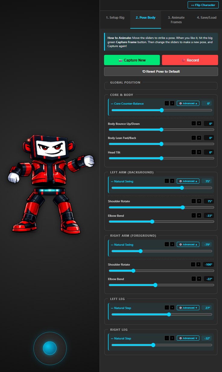 VEX in the rig studio — the animation tool built to pose and animate the character's twelve body segments